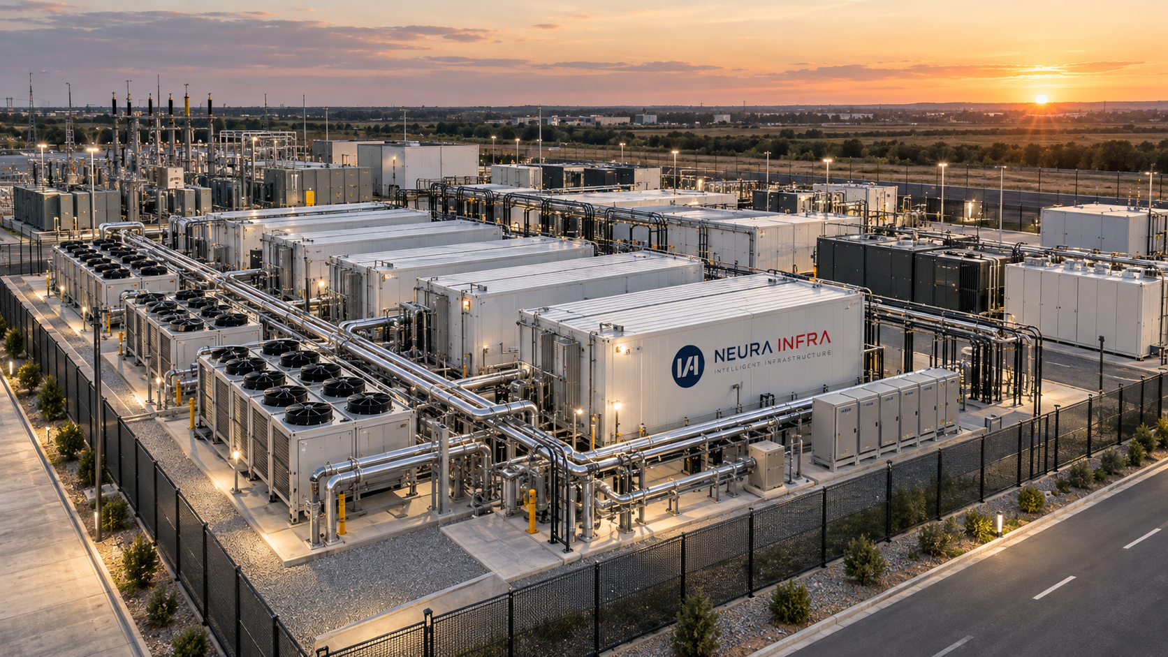 Reference modular AI data center deployment at sunset, showing integrated power, cooling and IT infrastructure